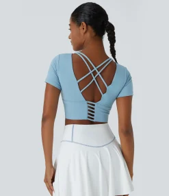 Casual Tops|Yoga Tops<HALARA Round Neck Short Sleeve Cropped Sports Top