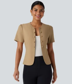 Work Tops|Jackets & Outerwear<HALARA Round Neck Short Sleeve Decorative Slim Work Linen-Feel Jacket