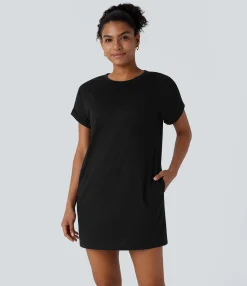 Dresses|Mini Dresses<HALARA Round Neck Short Sleeve Pocket Mini Casual Dress