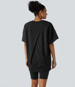 Casual Tops|Sports Tops<HALARA Round Neck Short Sleeve Pocket Oversize Casual Sports Top