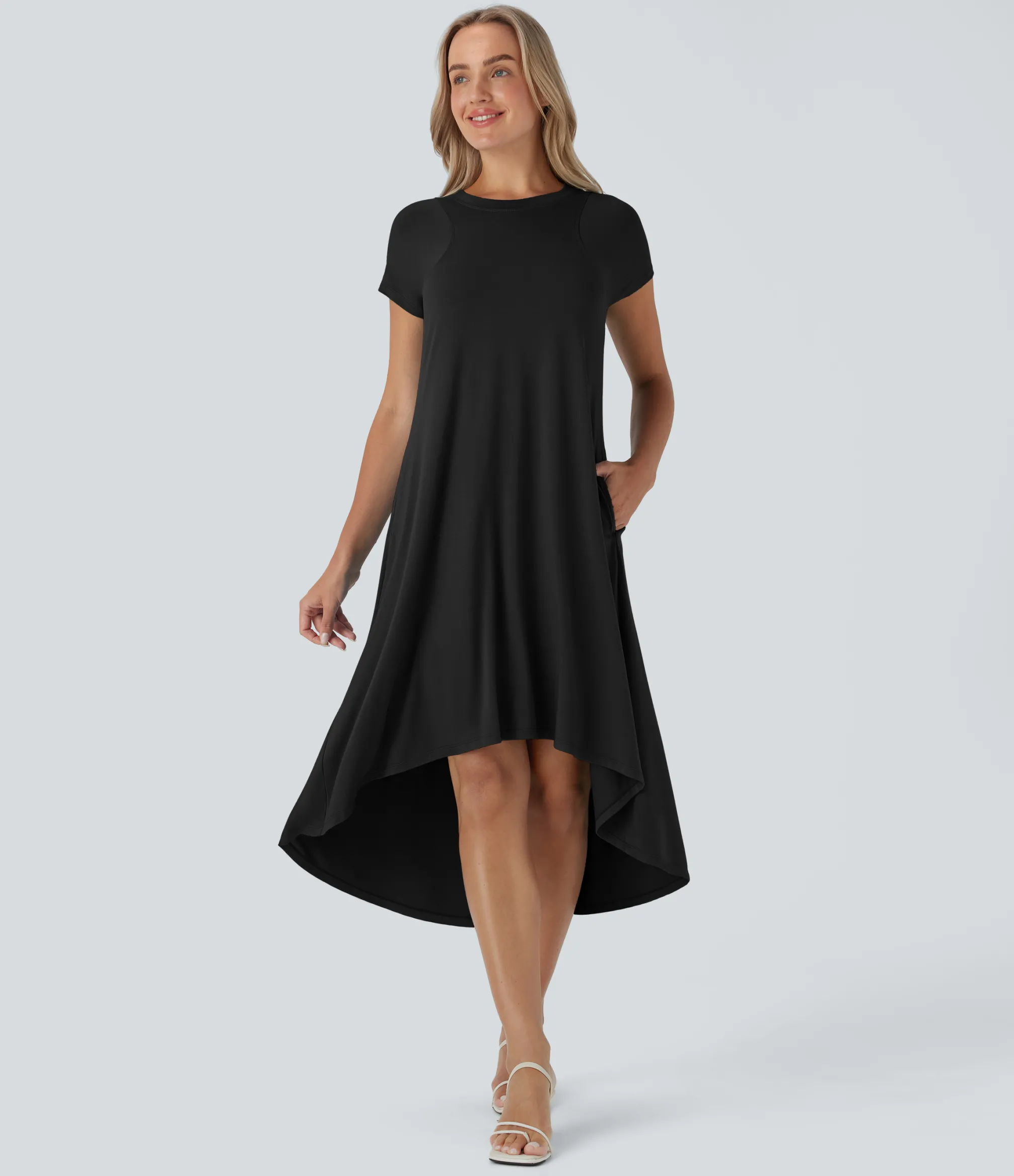 Maxi & Midi Dresses|Dresses<HALARA Round Neck Short Sleeve Pocket High Low Flowy Midi Casual Dress