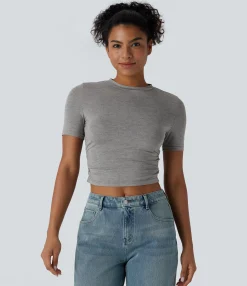 Casual Tops|T-Shirts<HALARA Round Neck Short Sleeve Ruched Skinny Cropped Casual T-Shirt