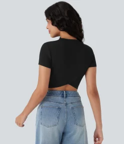 Casual Tops<HALARA Round Neck Short Sleeve Ruched Crossover Hem Cropped Casual Top