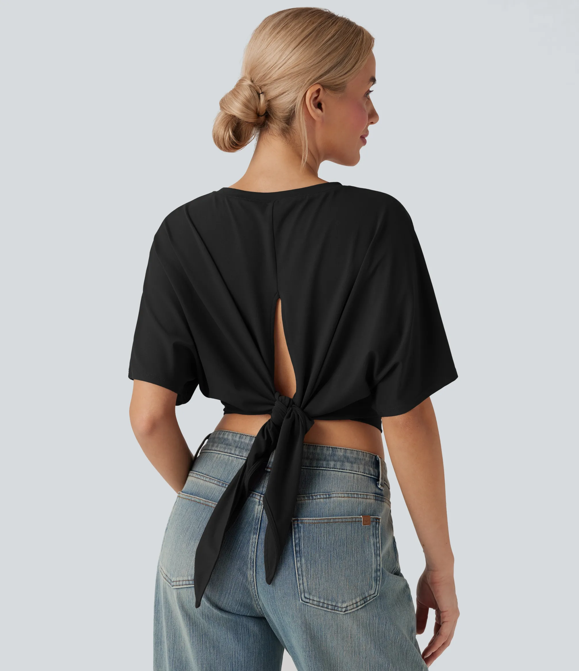 Casual Tops<HALARA Round Neck Short Sleeve Split Tie Back Cropped Casual Top