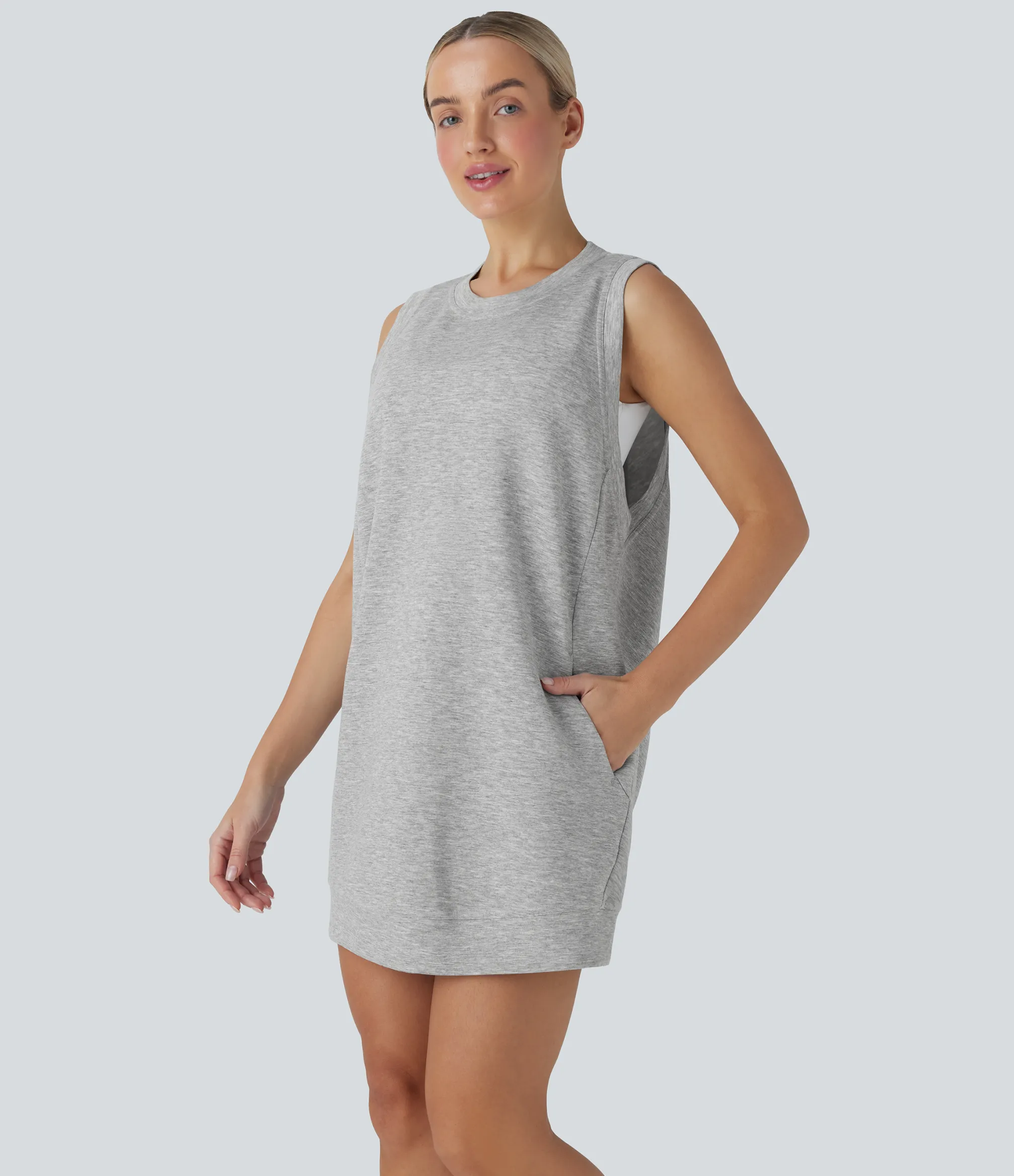 Dresses|Mini Dresses<HALARA Round Neck Sleeveless Crossover Back Mini Casual Dress with Pockets
