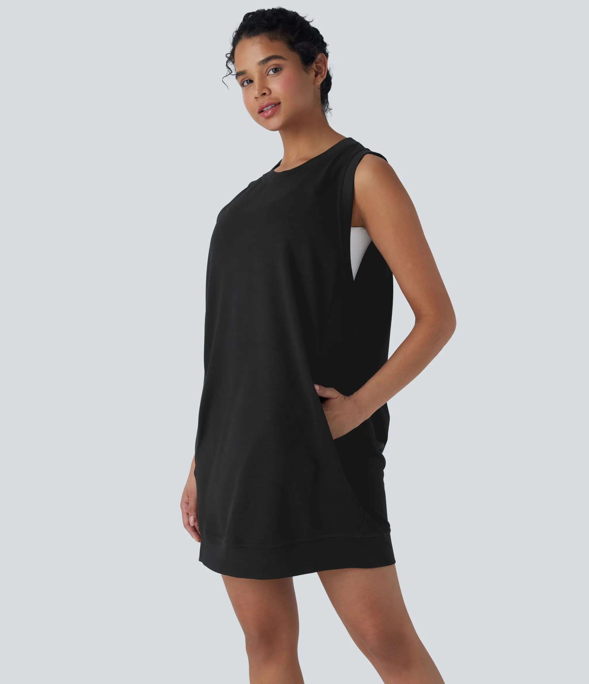Dresses|Mini Dresses<HALARA Round Neck Sleeveless Crossover Back Mini Casual Dress with Pockets