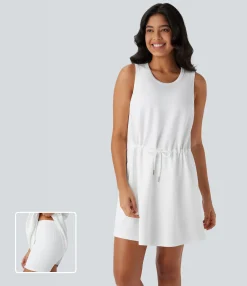 Active Dresses|Dresses<HALARA Round Neck Sleeveless Drawstring Pocket 2-Piece Mini Yoga Active Dress