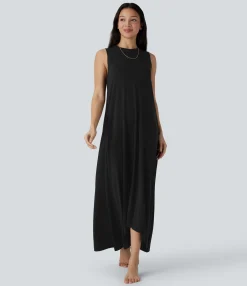 Maxi & Midi Dresses|Dresses<HALARA Round Neck Sleeveless Pocket High Low Flowy Maxi Casual Dress
