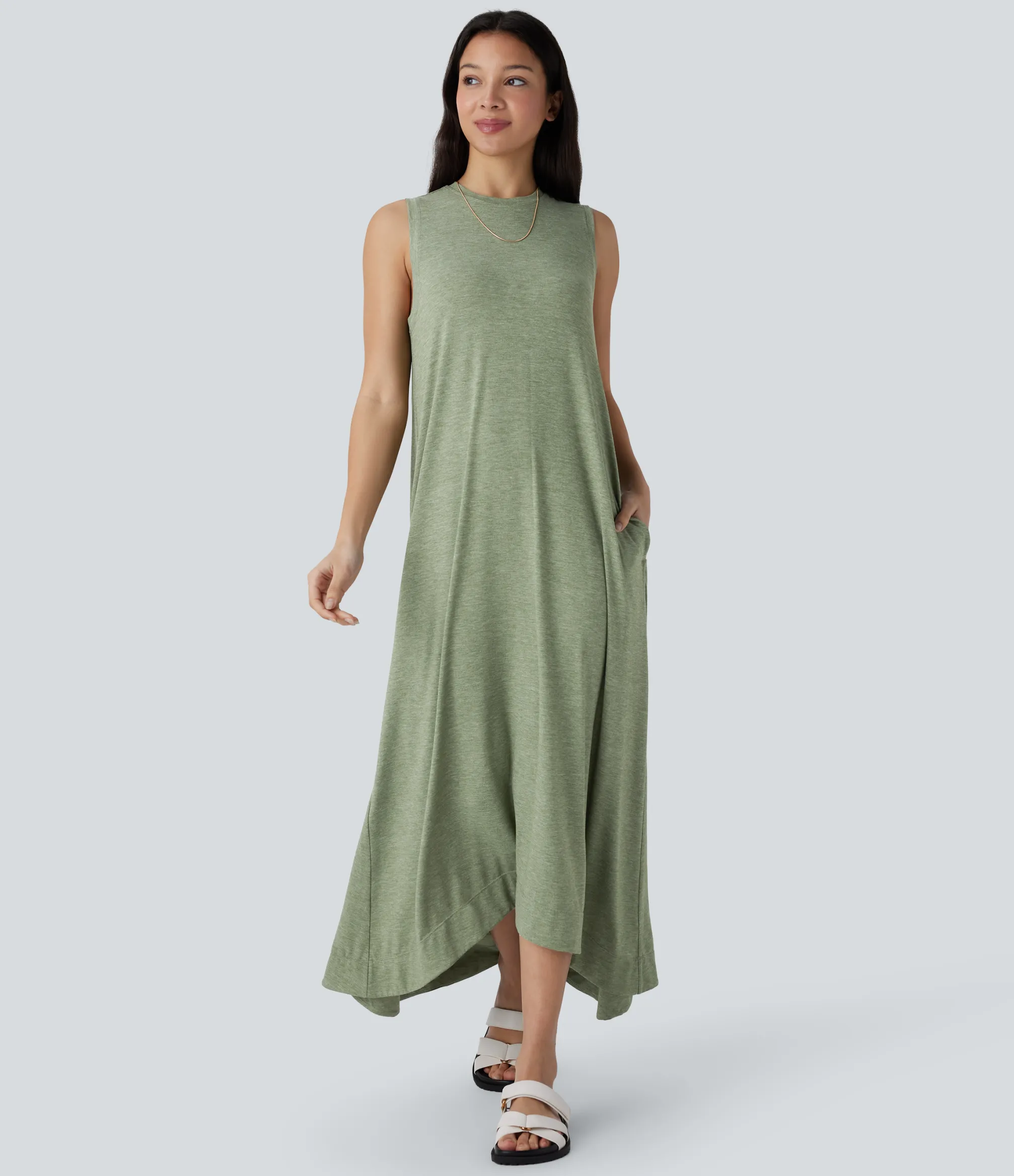 Maxi & Midi Dresses|Dresses<HALARA Round Neck Sleeveless Pocket High Low Flowy Maxi Casual Dress