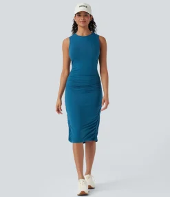 Bodycon Dresses|Maxi & Midi Dresses<HALARA Round Neck Sleeveless Ruched Casual Bodycon Dress