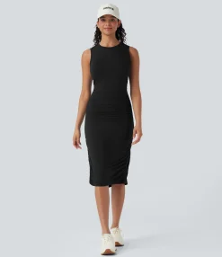 Bodycon Dresses|Maxi & Midi Dresses<HALARA Round Neck Sleeveless Ruched Casual Bodycon Dress
