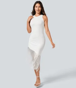 Bodycon Dresses|Maxi & Midi Dresses<HALARA Round Neck Sleeveless Ruched Fringe Bodycon Midi Dress White