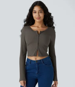 Casual Tops<HALARA Round Neck 2-Way Zipper Long Sleeve Cropped Casual Top
