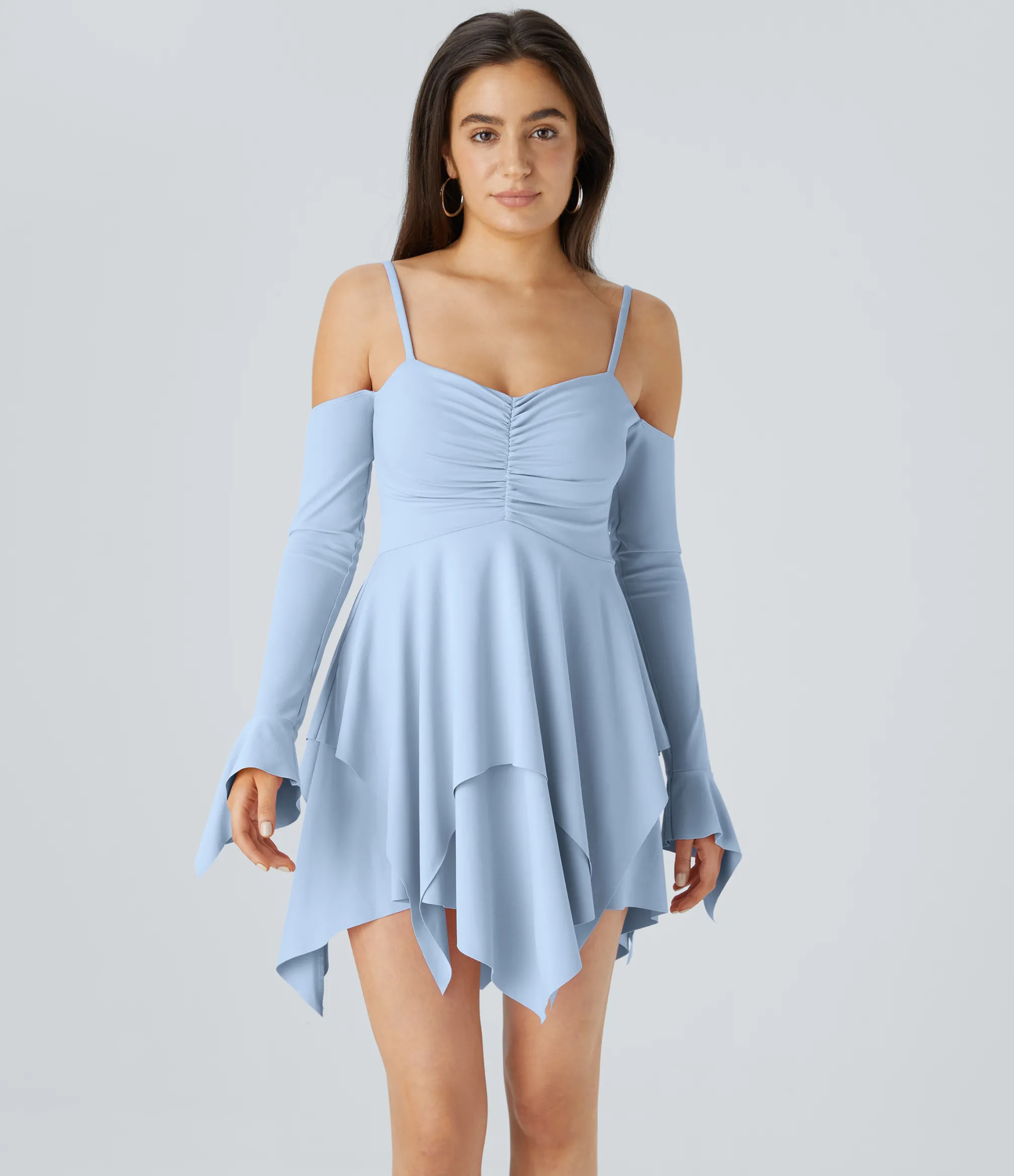 Mini Dresses|Dresses<HALARA Ruched Long Sleeve Layered Hanky Hem Mini Casual Dress