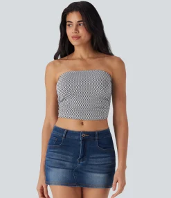 Casual Tops|Tank Tops & Camis<HALARA Ruched Plaid Cropped Casual Tube Top