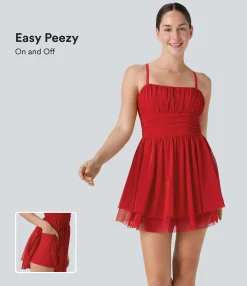 Active Dresses|Dresses<HALARA Ruched Tiered Mesh Overlay 2-in-1 Mini Dance Slip Active Dress with Pocket-Easy Peezy