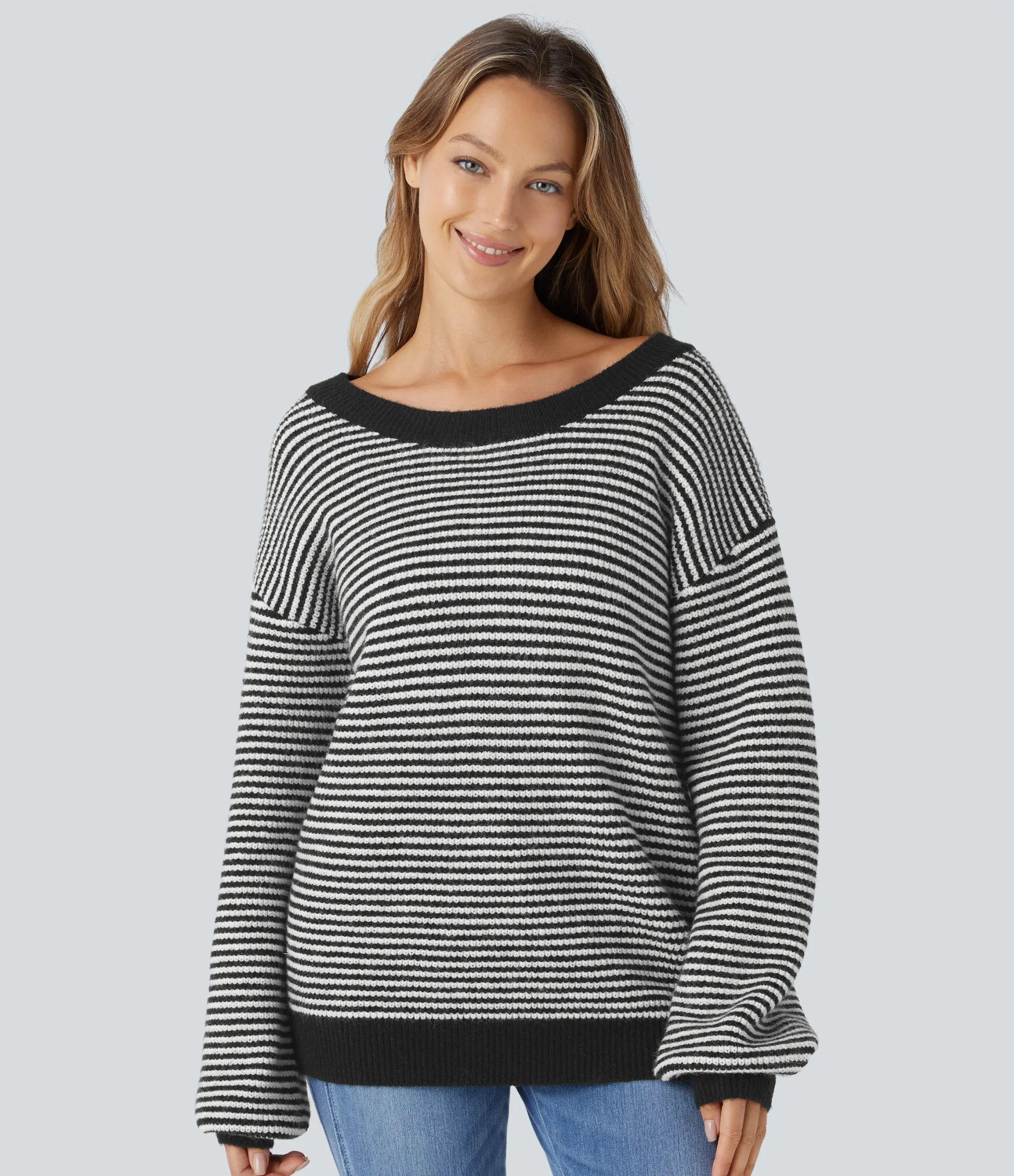 Sweaters<HALARA Scoop Neck Dropped Shoulder Color Block Stripe Relax Casual Sweater