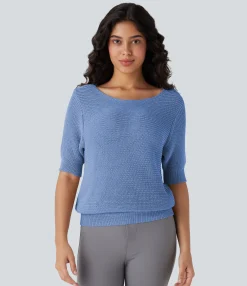 Sweaters<HALARA Scoop Neck Half Sleeve Work Sweater
