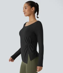 Yoga Tops|Sports Tops<HALARA Scoop Neck Long Sleeve Ruched Hem Slim Yoga Sports Top