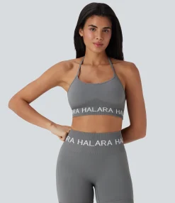 Yoga Tops|Sports Bras<HALARA Seamless Flow Low Support Logo Halter Yoga Sports Bra