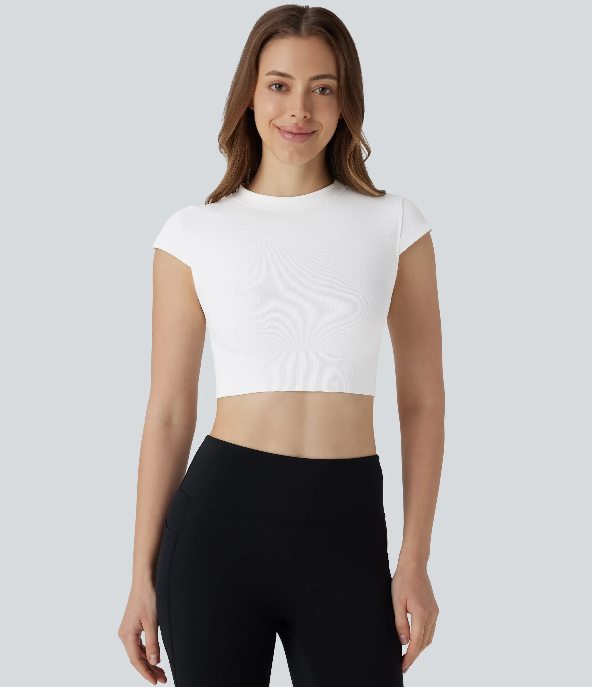 Yoga Tops|Sports Tops<HALARA Seamless Flow Round Neck Cap Sleeve Cropped Yoga Sports Top