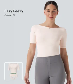 Bodysuits<HALARA Seamless Flow Smoothing Boat Neck Adjustable Leg Straps Work Bodysuit-Easy Peezy