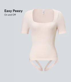 Bodysuits<HALARA Seamless Flow Smoothing Square Neck Adjustable Leg Straps Work Bodysuit-Easy Peezy