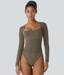 Bras & Underwear|Shapewear<HALARA Seamless Flow Square Neck Long Sleeve Casual Smooth Bodysuit