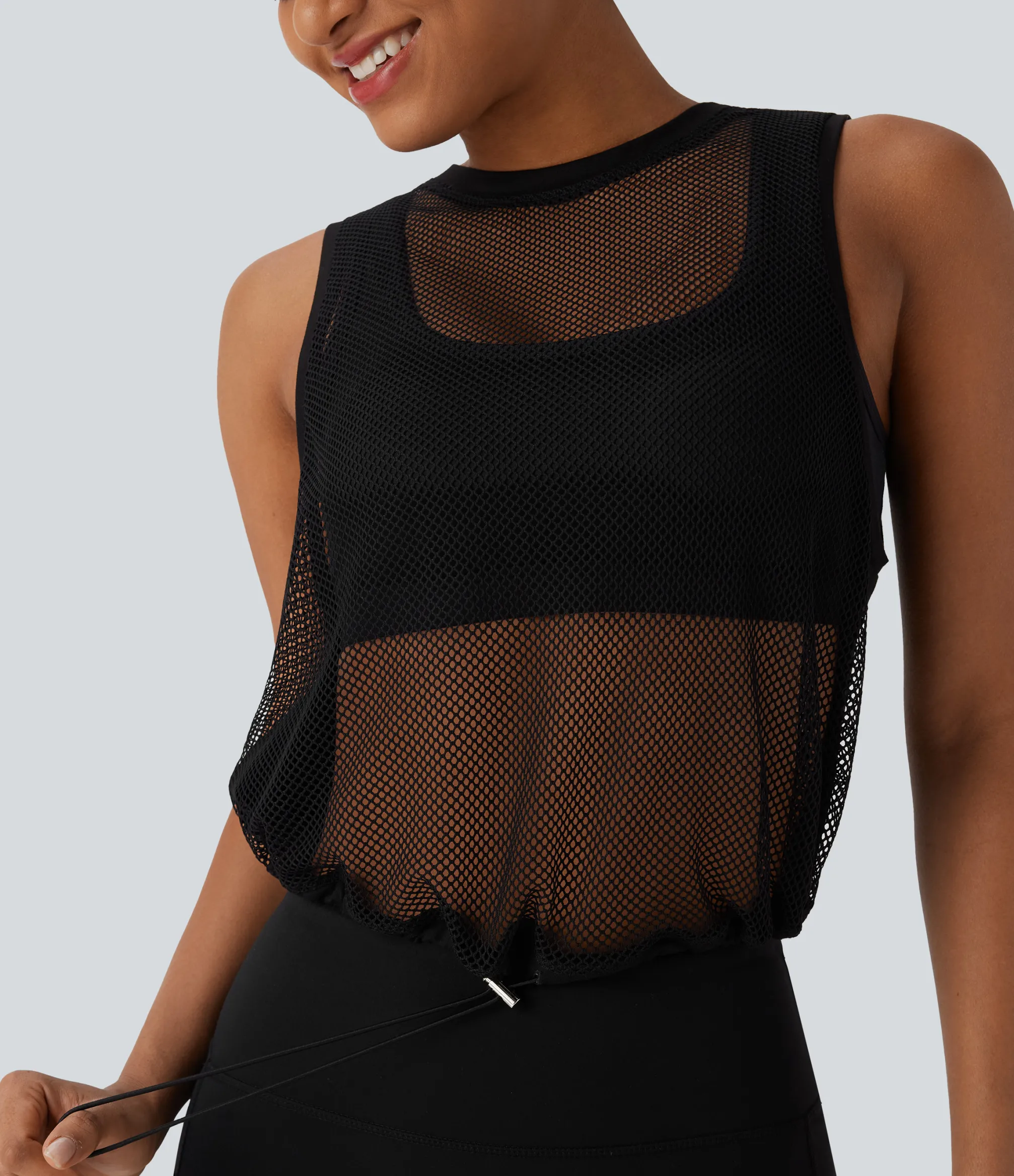 Tank Tops & Camis|Tank Tops<HALARA Sheer Mesh Cut Out Drawstring Hem Running Tank Top