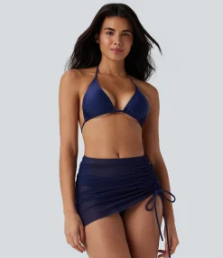 Beachwear<HALARA Sheer Mesh Halter Tie Back Drawstring 3-Piece Bikini Set