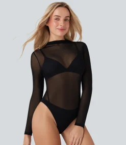 Bodysuits<HALARA Sheer Mesh Mock-neck Snap Casual Bodysuit
