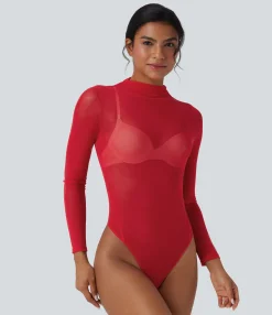 Bodysuits<HALARA Sheer Mesh Mock-neck Snap Casual Bodysuit
