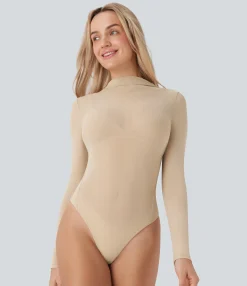 Bodysuits<HALARA Sheer Mesh Mock-neck Snap Casual Bodysuit