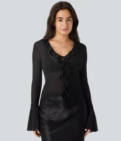 Casual Tops<HALARA Sheer Mesh V Neck Flounce Sleeve Ruffle Tie Front Casual Top