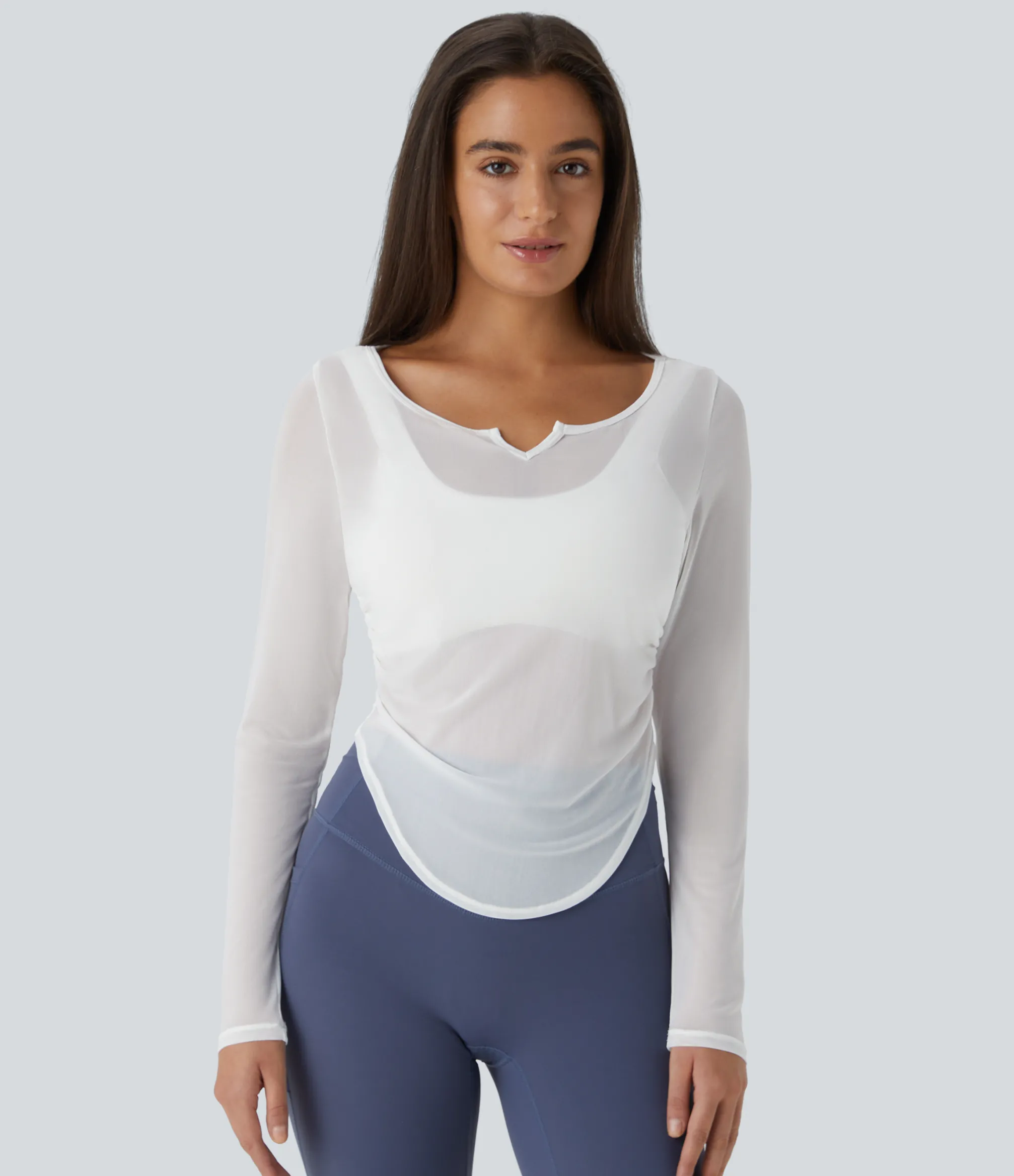 Yoga Tops|Sports Tops<HALARA Sheer Mesh V Notch Long Sleeve Ruched Curved Hem Yoga Sports Top