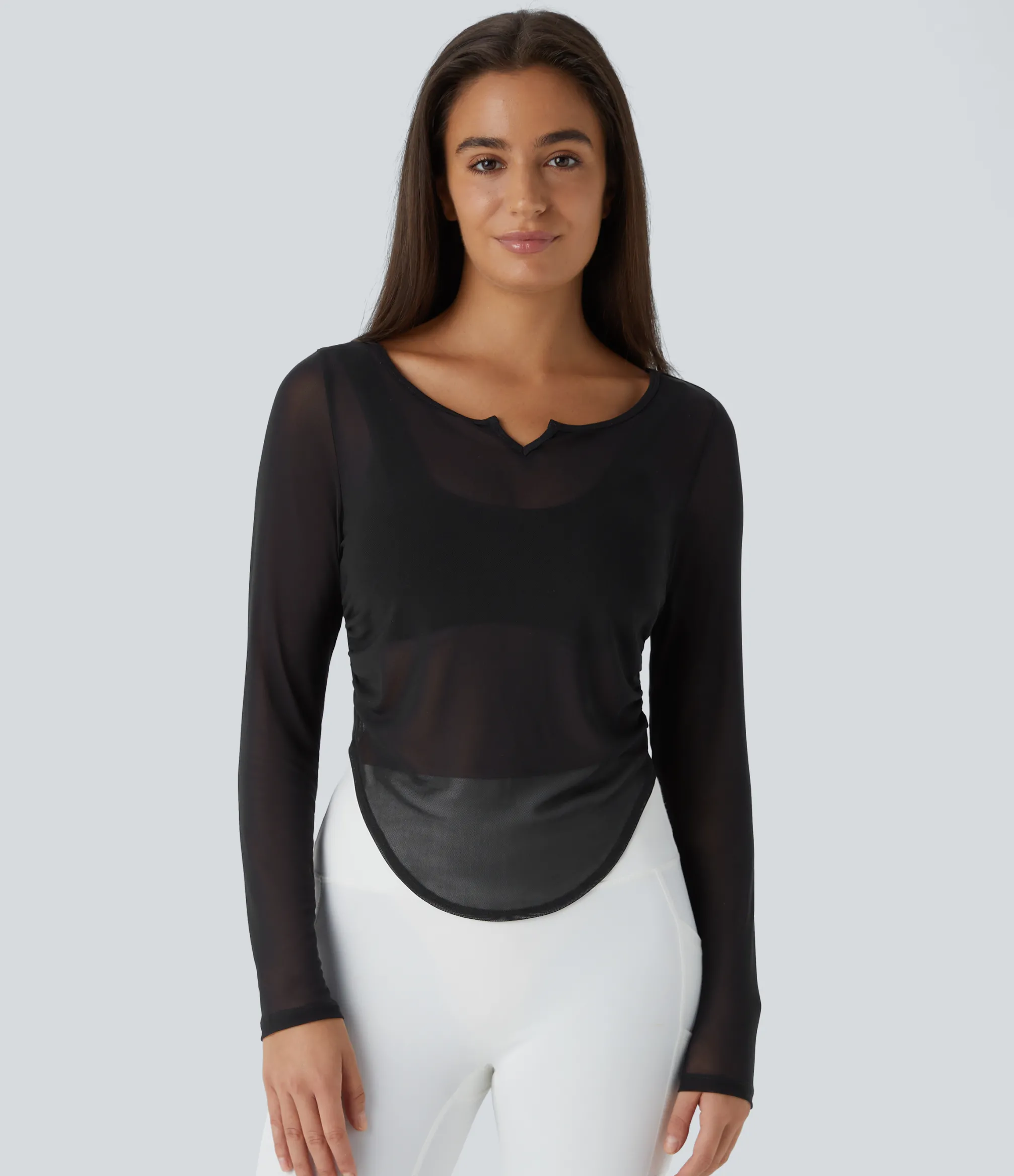 Yoga Tops|Sports Tops<HALARA Sheer Mesh V Notch Long Sleeve Ruched Curved Hem Yoga Sports Top