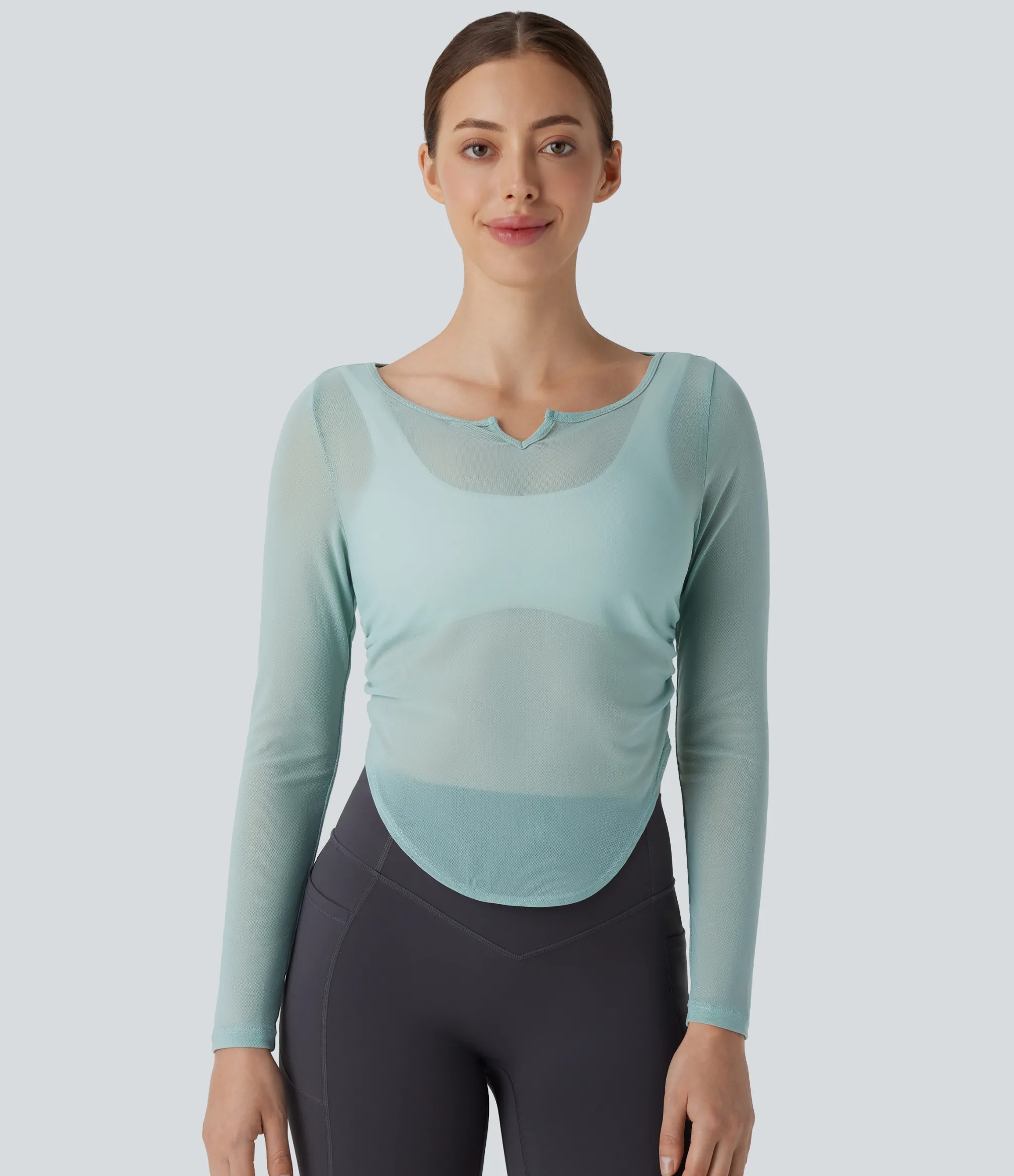 Yoga Tops|Sports Tops<HALARA Sheer Mesh V Notch Long Sleeve Ruched Curved Hem Yoga Sports Top
