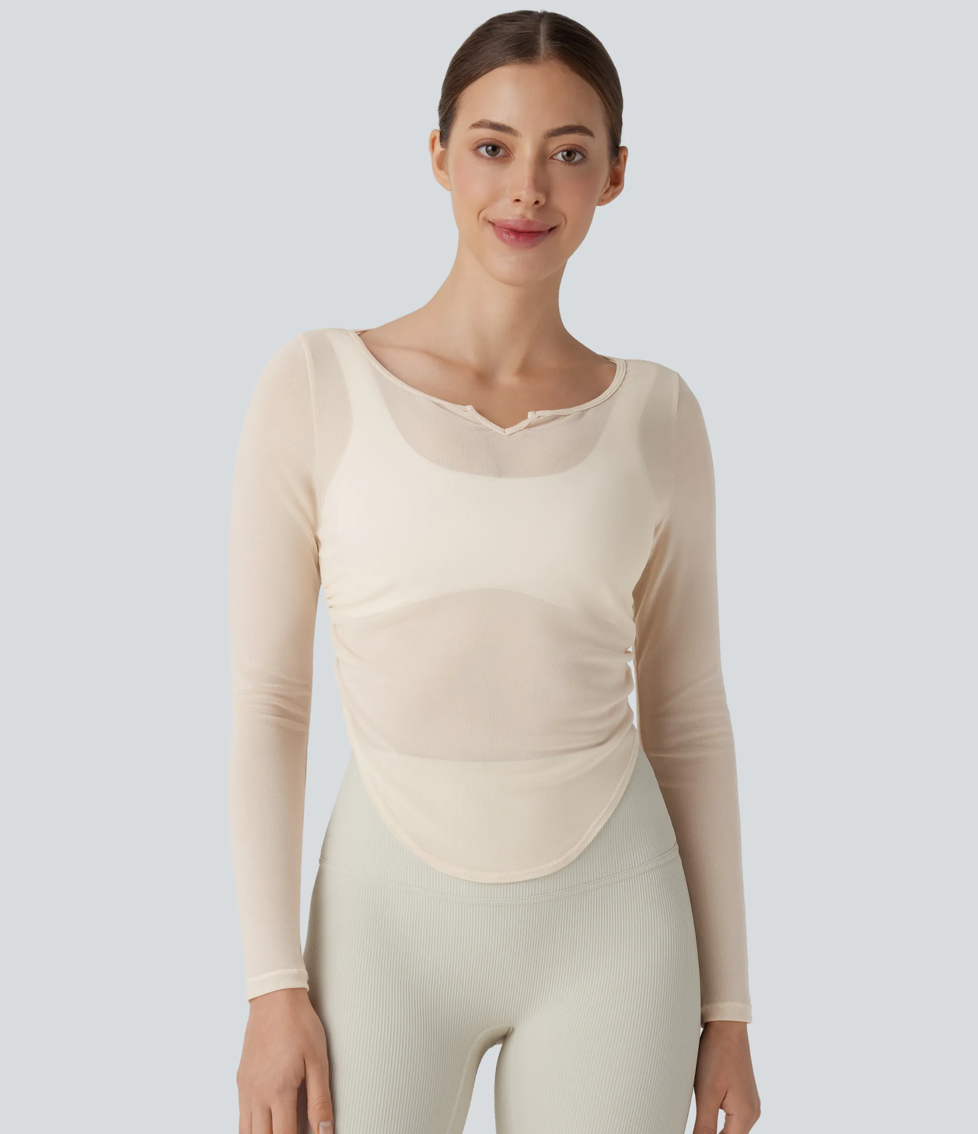 Yoga Tops|Sports Tops<HALARA Sheer Mesh V Notch Long Sleeve Ruched Curved Hem Yoga Sports Top