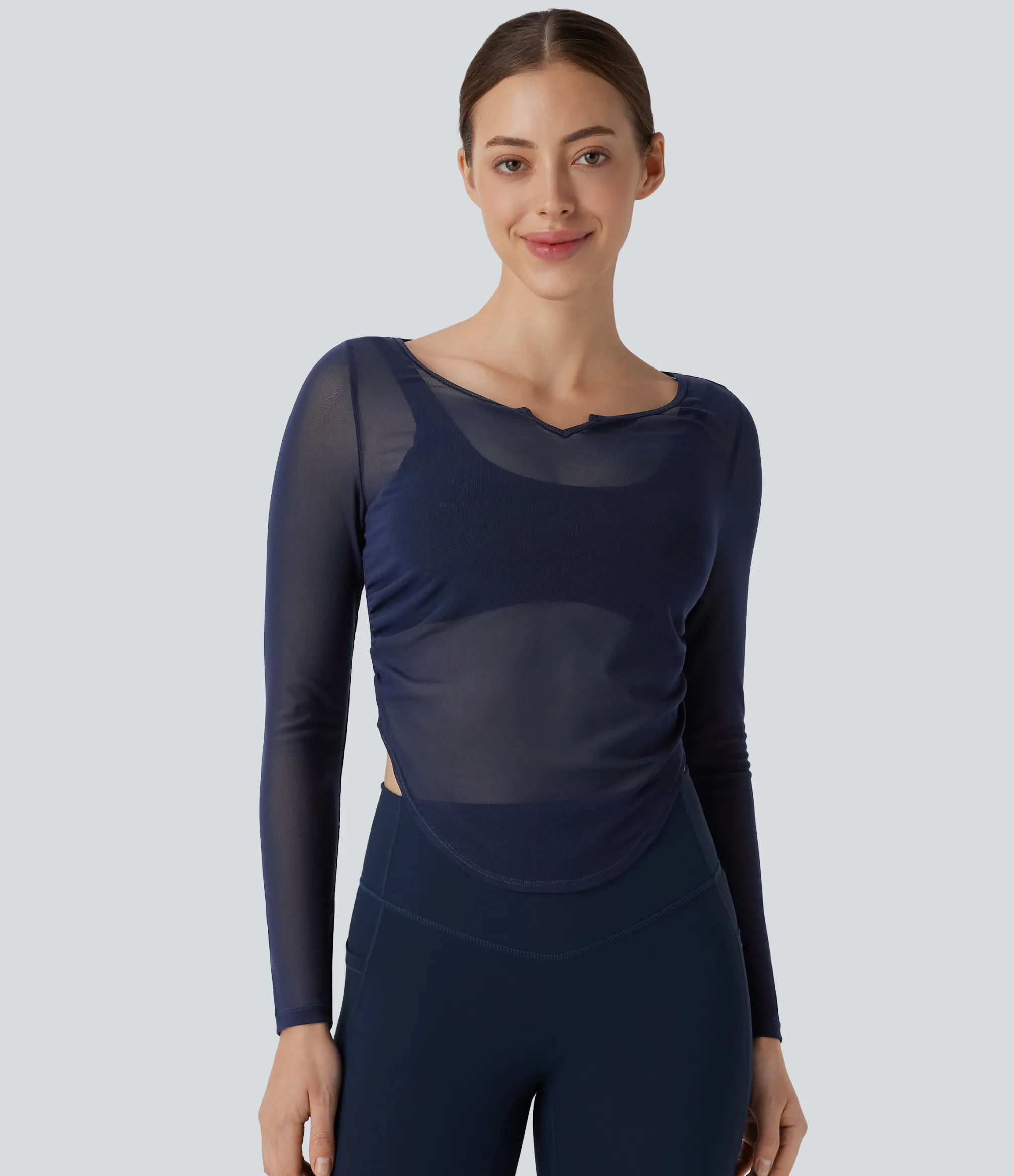 Yoga Tops|Sports Tops<HALARA Sheer Mesh V Notch Long Sleeve Ruched Curved Hem Yoga Sports Top