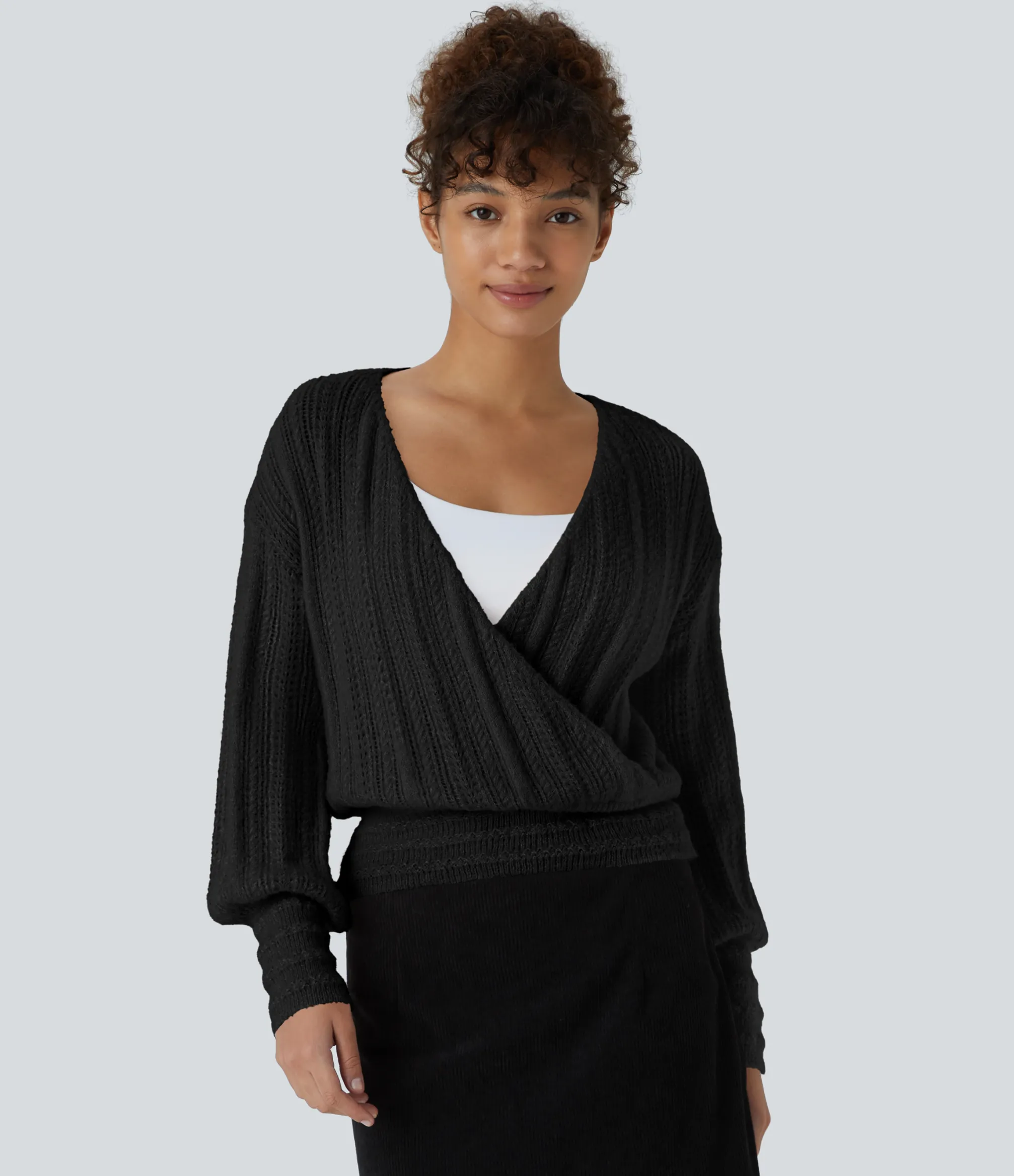 Sweaters<HALARA Sheer V Neck Long Sleeve Work Sweater-Front and Back Wearable