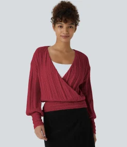 Sweaters<HALARA Sheer V Neck Long Sleeve Work Sweater-Front and Back Wearable
