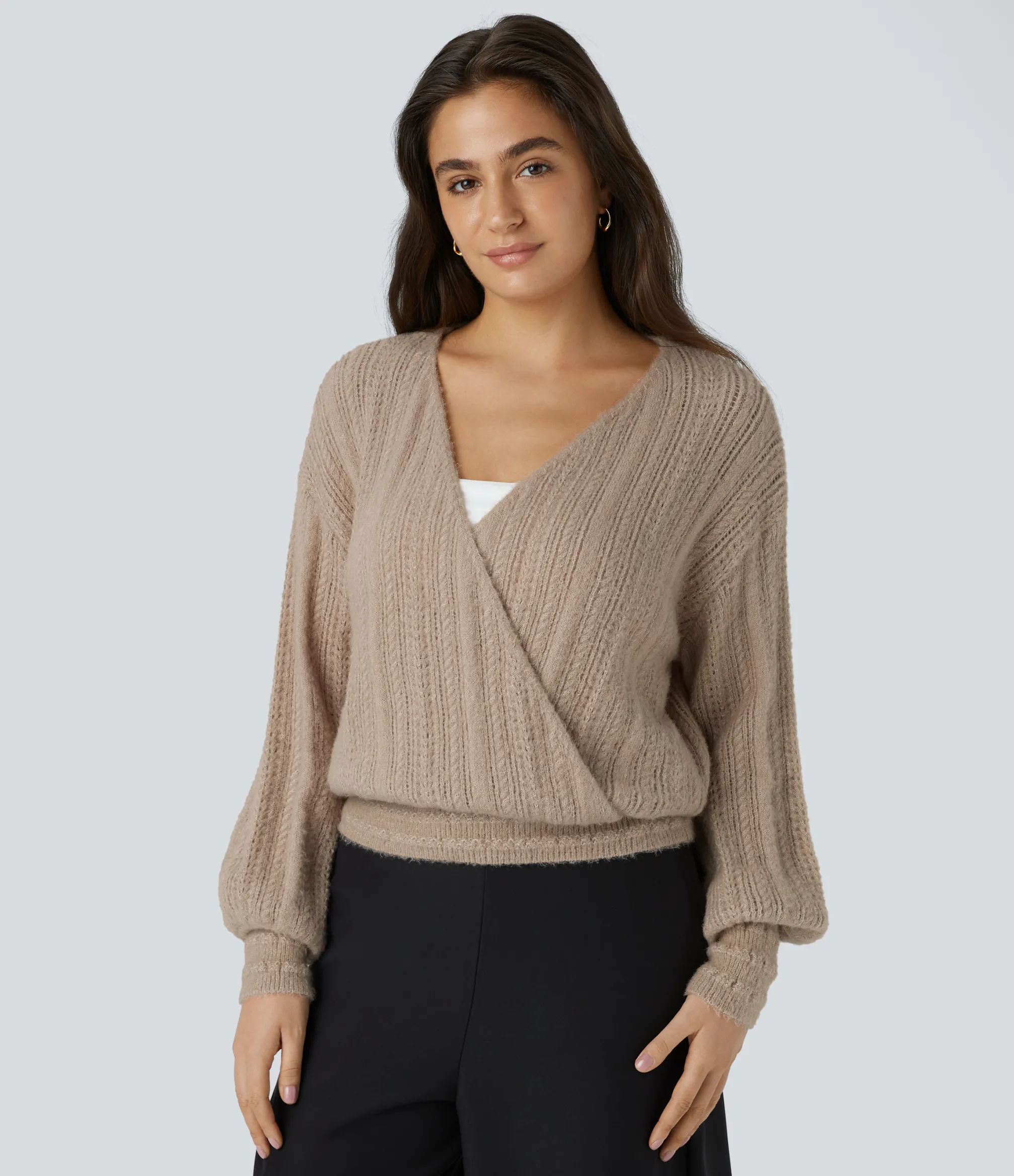 Sweaters<HALARA Sheer V Neck Long Sleeve Work Sweater-Front and Back Wearable