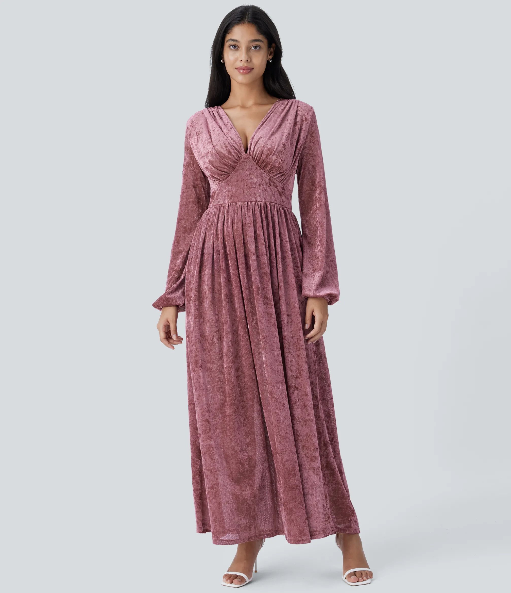 Dresses|Maxi & Midi Dresses<HALARA Sheer V Neck Long Sleeve Velvet Maxi Dress