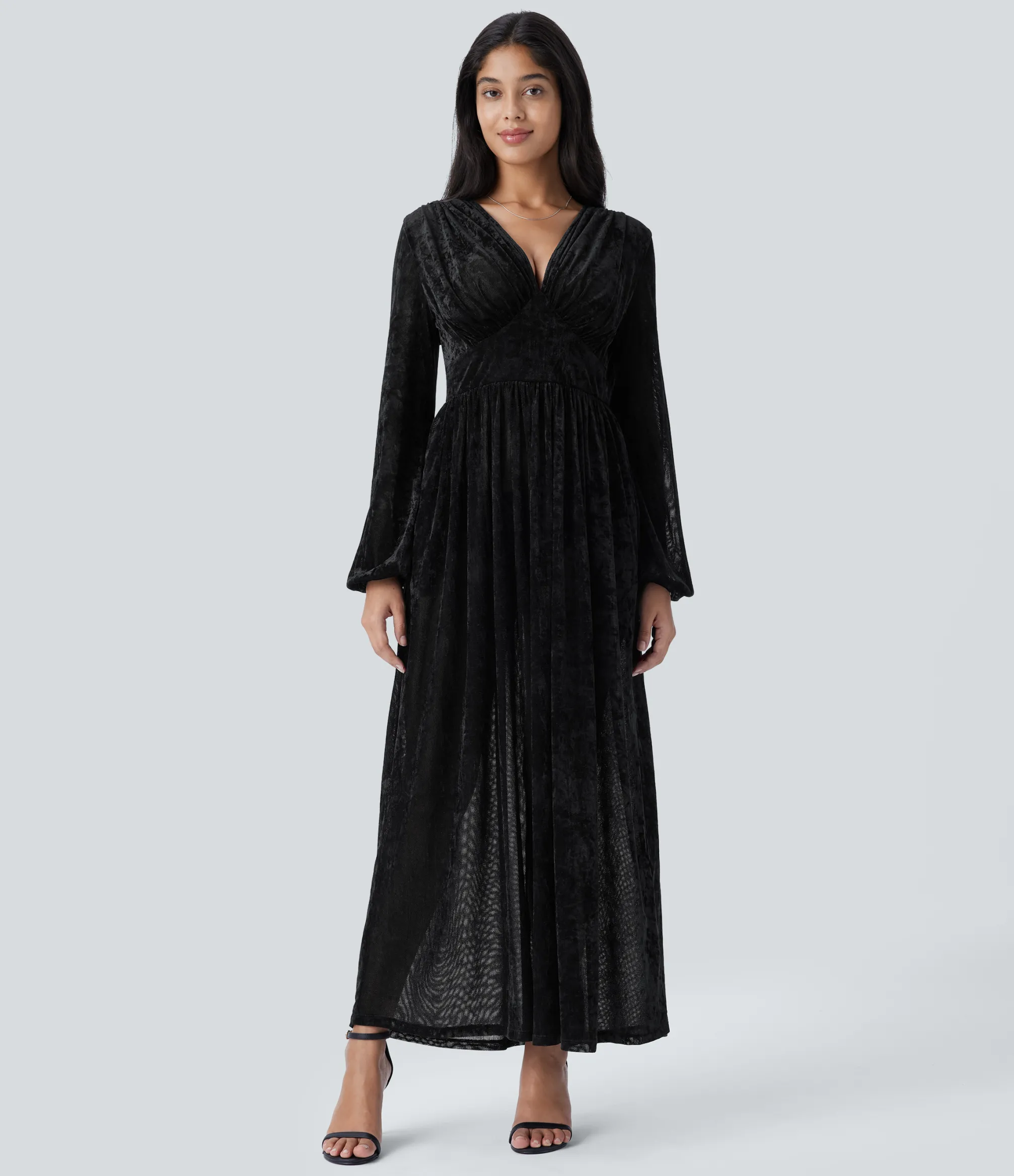 Dresses|Maxi & Midi Dresses<HALARA Sheer V Neck Long Sleeve Velvet Maxi Dress
