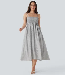 Maxi & Midi Dresses|Dresses<HALARA Shirred Stripe Midi Slip Dress with Pockets