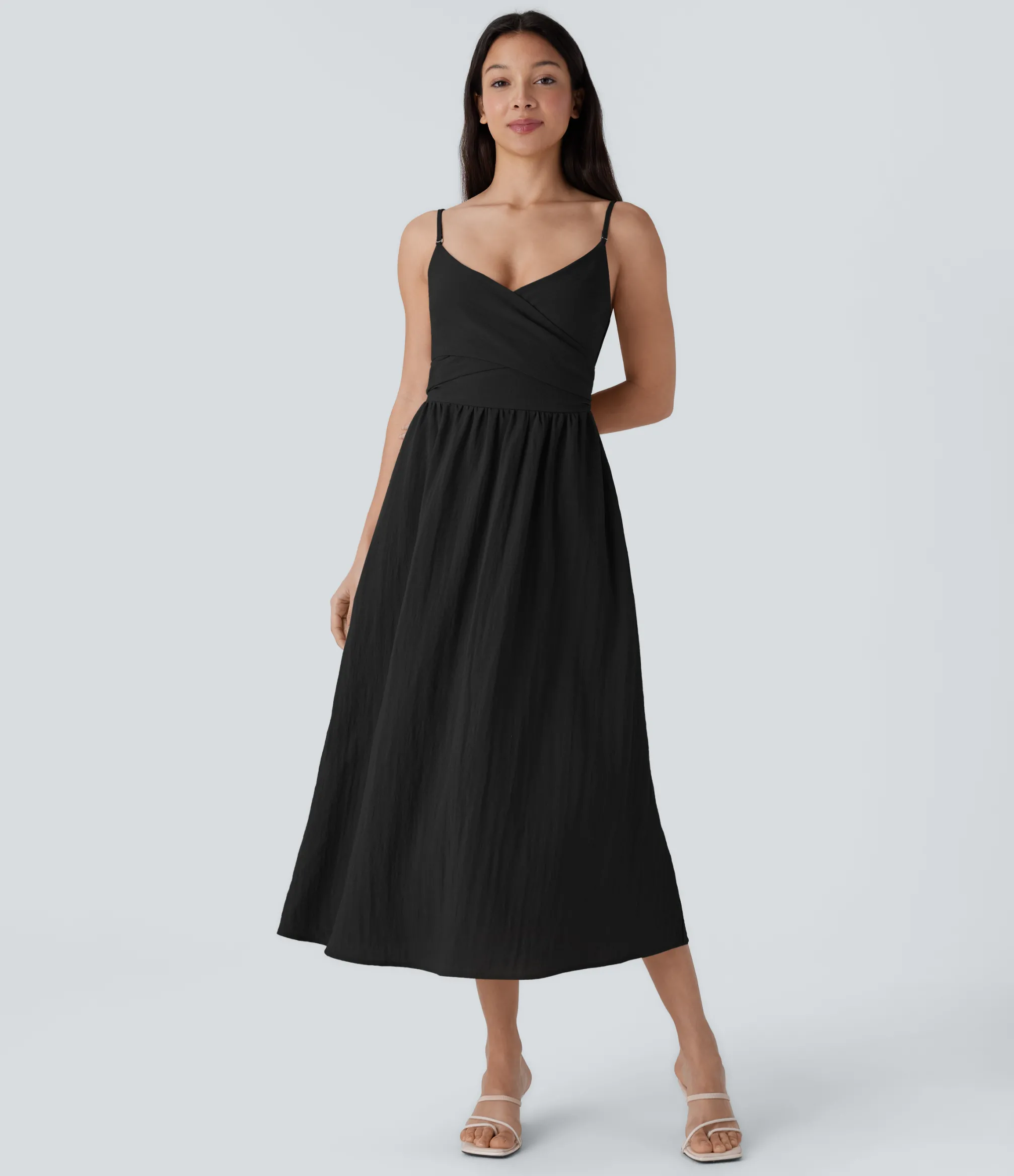 Dresses|Maxi & Midi Dresses<HALARA Shirred Tie Pocket Flowy Midi Casual Linen-Feel Dress-Front and Back Wearable