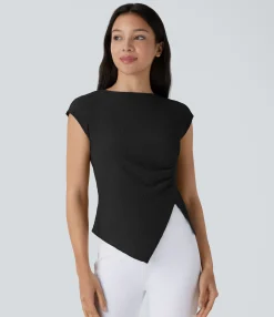 Casual Tops<HALARA Slash Neck Short Sleeve Ruched Asymmetric Hem Casual Top