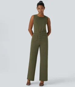 Jumpsuits<HALARA Sleeveless Keyhole Pockets Work Jumpsuit