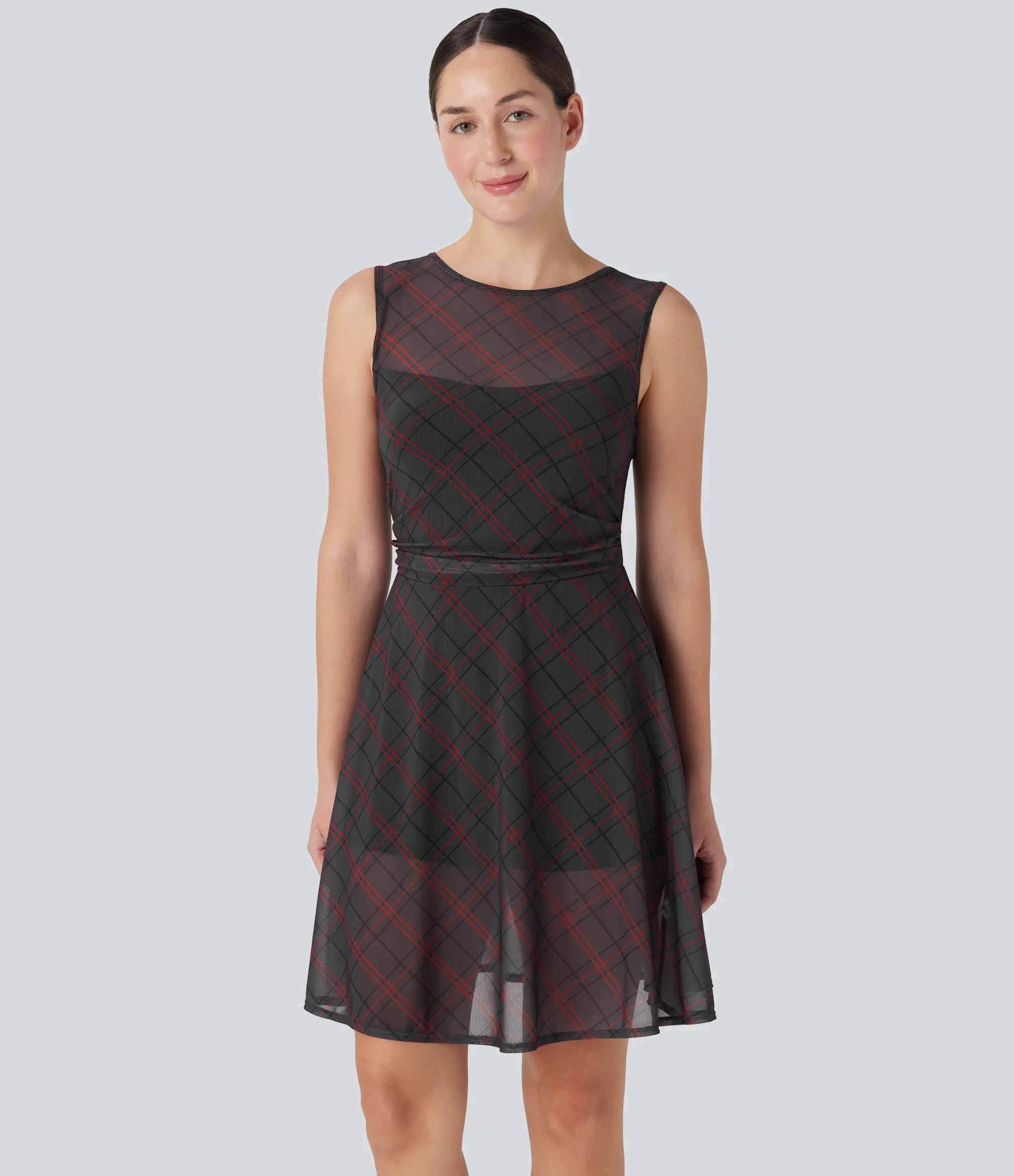 Mini Dresses|Dresses<HALARA Sleeveless Plaid Contrast Mesh 2-in-1 Mini Casual Dress with Pocket