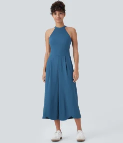 Jumpsuits<HALARA Sleeveless Pockets Crossover Hem Capri Wide Leg Waffle Knit Casual Jumpsuit